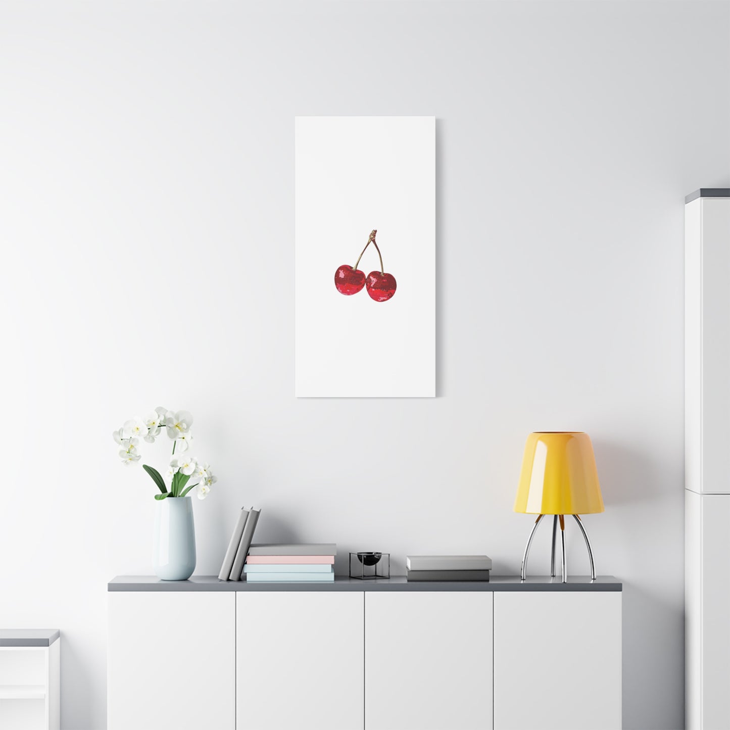 Red Glitter Disco Cherry Wall Art Print | Sparkly Pop Art Fruit Decor | Cherry Duo Matte Canvas Print | Minimal Fruit Wall Art