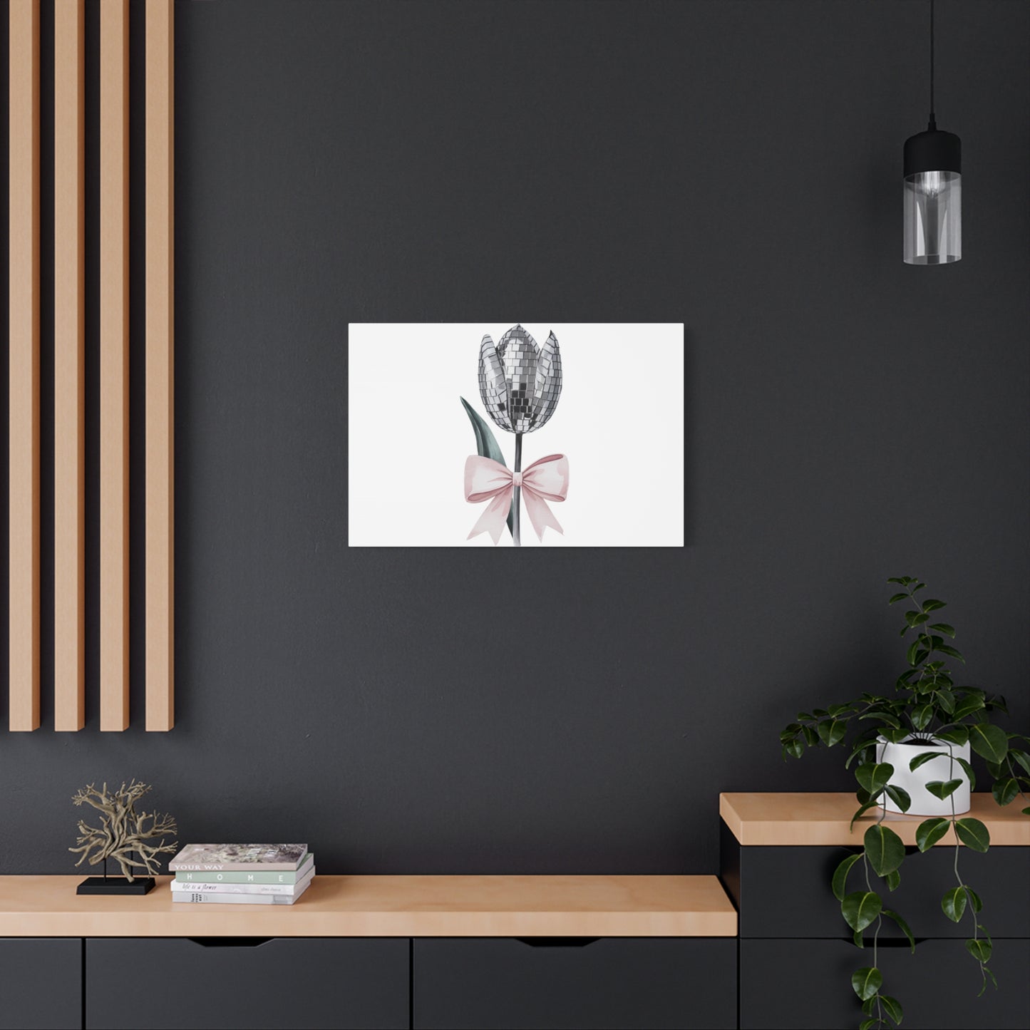 Silver Disco Tulip Wall Art Print with Pink Bow | Glam Floral Decor | Matte Canvas | Stretched |