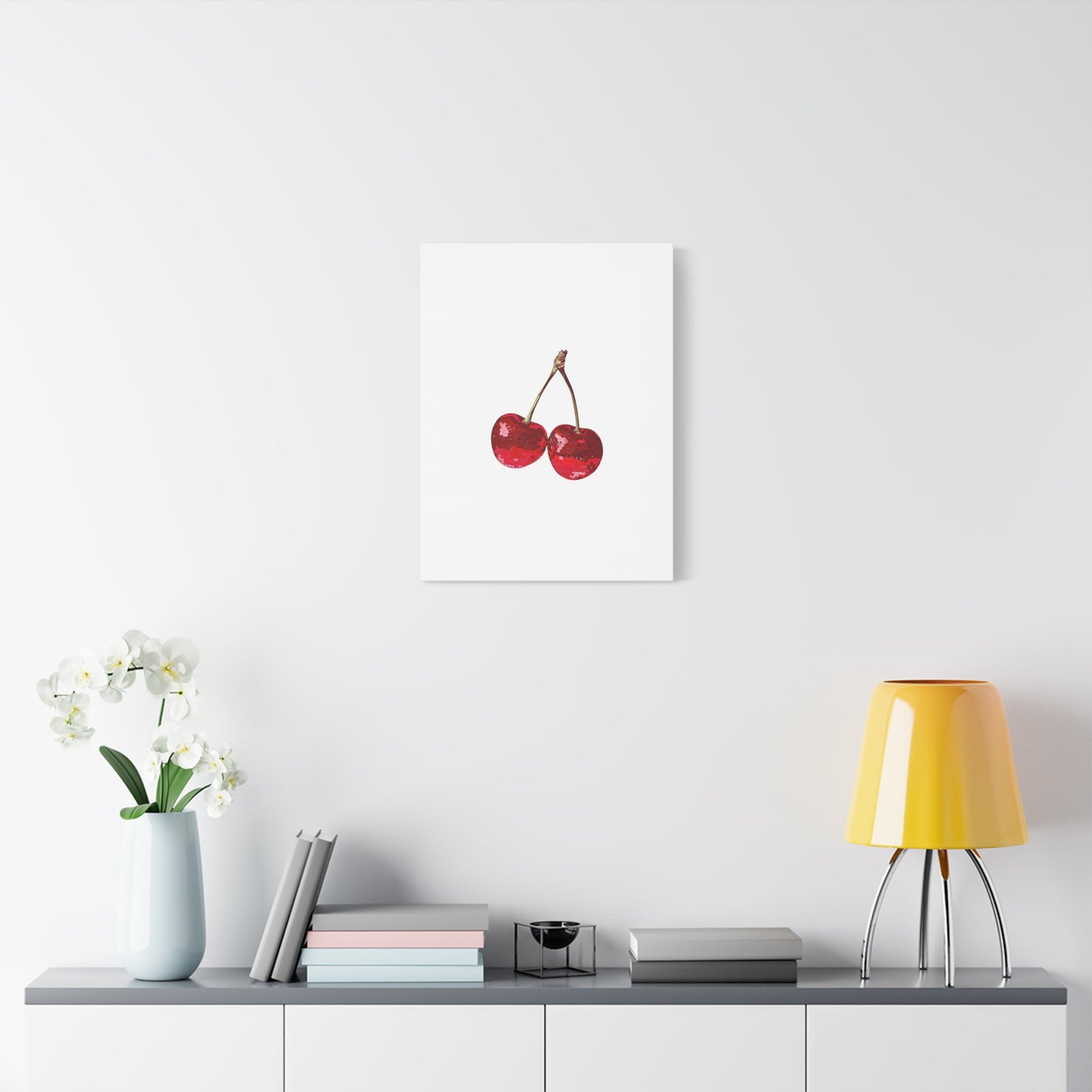 Red Glitter Disco Cherry Wall Art Print | Sparkly Pop Art Fruit Decor | Cherry Duo Matte Canvas Print | Minimal Fruit Wall Art