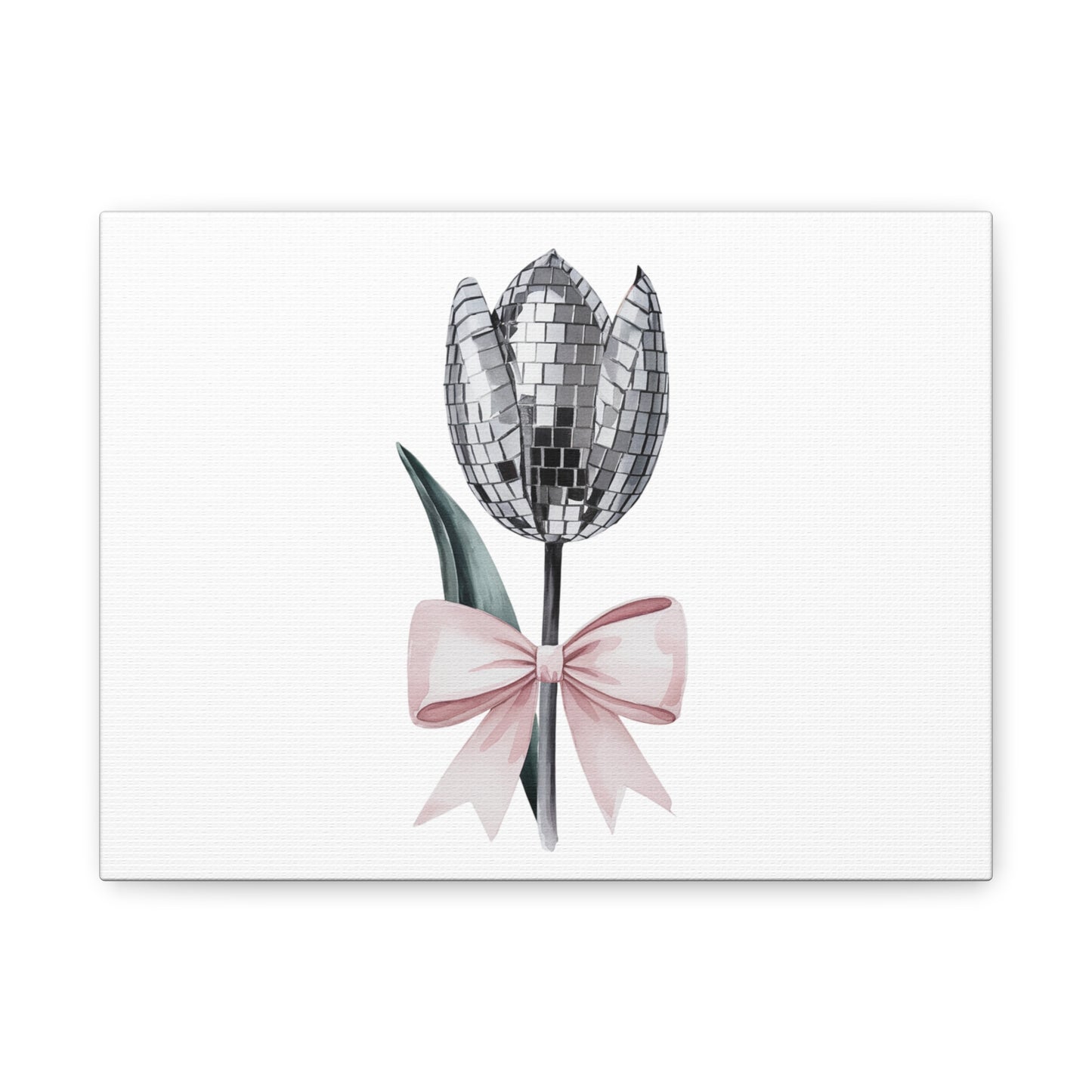 Silver Disco Tulip Wall Art Print with Pink Bow | Glam Floral Decor | Matte Canvas | Stretched |