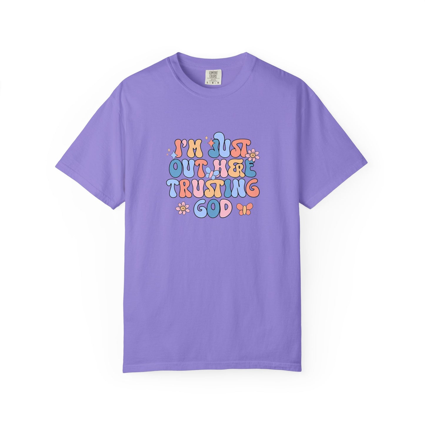Trusting God Graphic T-Shirt | Retro Floral | I'm Just Out Here Trusting God | Christian Tee | Trusting God T-Shirt | Retro Christian Faith Graphic Tee