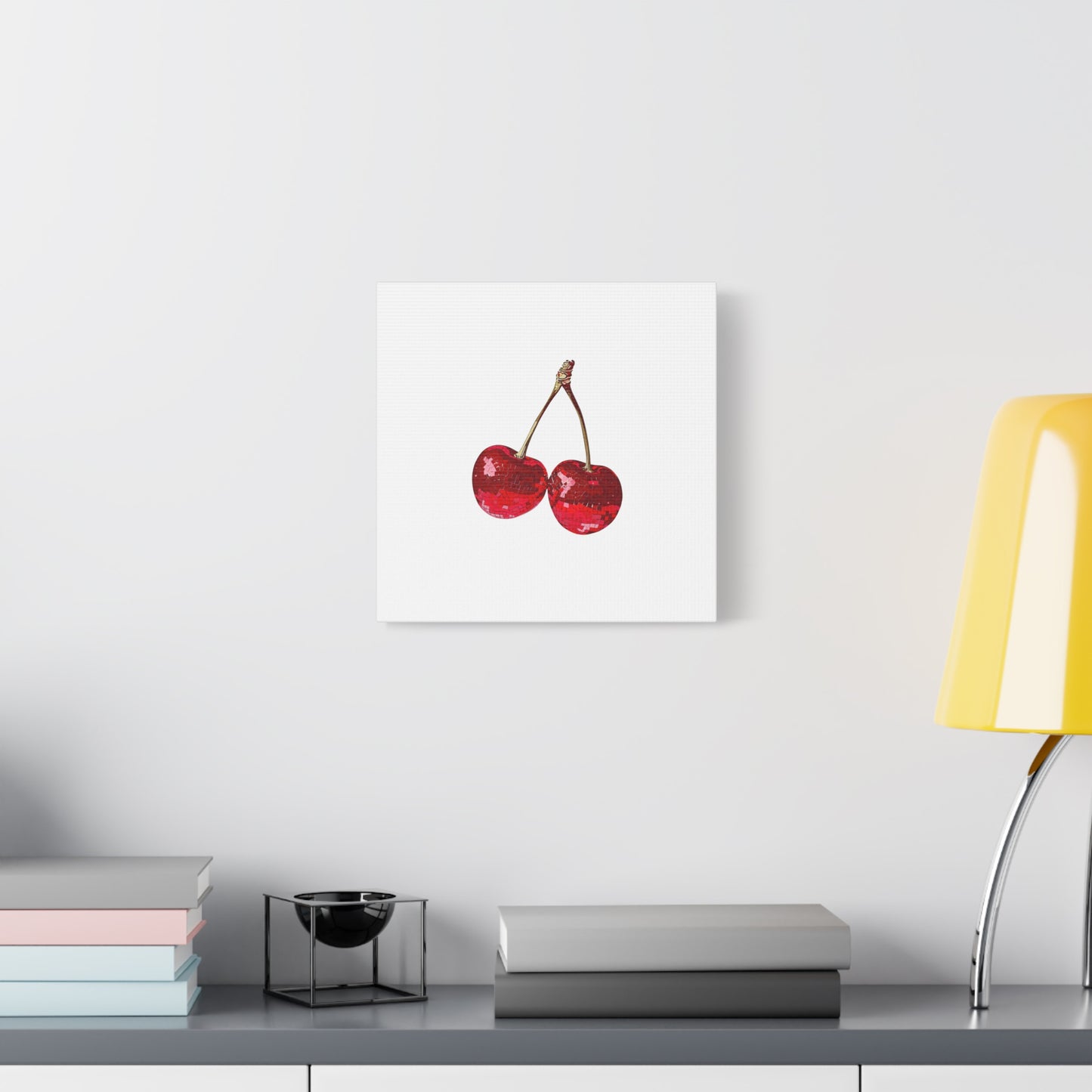 Red Glitter Disco Cherry Wall Art Print | Sparkly Pop Art Fruit Decor | Cherry Duo Matte Canvas Print | Minimal Fruit Wall Art