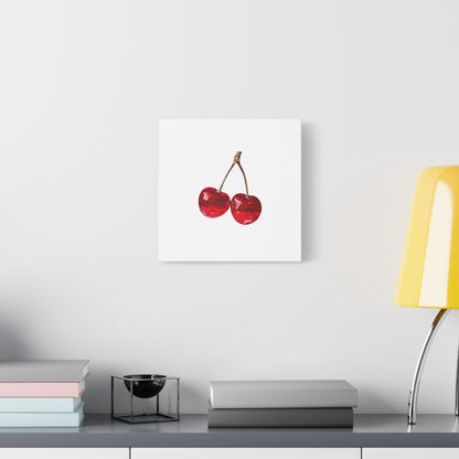 Red Glitter Disco Cherry Wall Art Print | Sparkly Pop Art Fruit Decor | Cherry Duo Matte Canvas Print | Minimal Fruit Wall Art