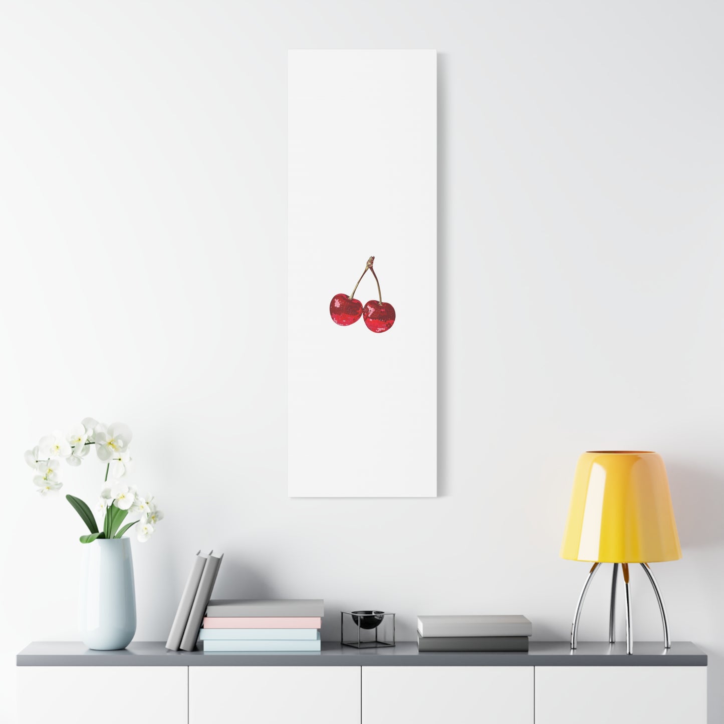 Red Glitter Disco Cherry Wall Art Print | Sparkly Pop Art Fruit Decor | Cherry Duo Matte Canvas Print | Minimal Fruit Wall Art
