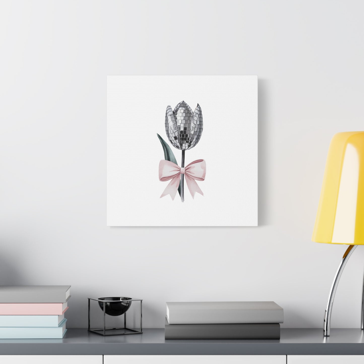Silver Disco Tulip Wall Art Print with Pink Bow | Glam Floral Decor | Matte Canvas | Stretched |