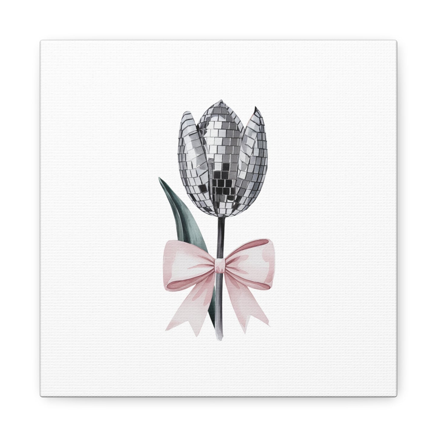 Silver Disco Tulip Wall Art Print with Pink Bow | Glam Floral Decor | Matte Canvas | Stretched |