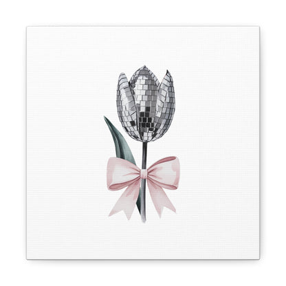 Silver Disco Tulip Wall Art Print with Pink Bow | Glam Floral Decor | Matte Canvas | Stretched |