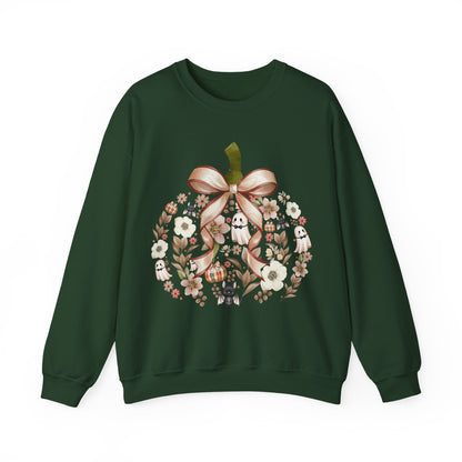 Cute Ghost Pumpkin Sweatshirt | Floral Halloween Crewneck | Spooky Pumpkin Bow Sweater | Fall Ghost Sweatshirt | Cozy Halloween Gift for Women | Crewneck Sweatshirt | Floral Pumpkin Wreath with Ribbon...