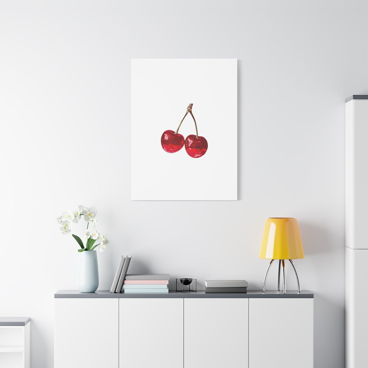 Red Glitter Disco Cherry Wall Art Print | Sparkly Pop Art Fruit Decor | Cherry Duo Matte Canvas Print | Minimal Fruit Wall Art