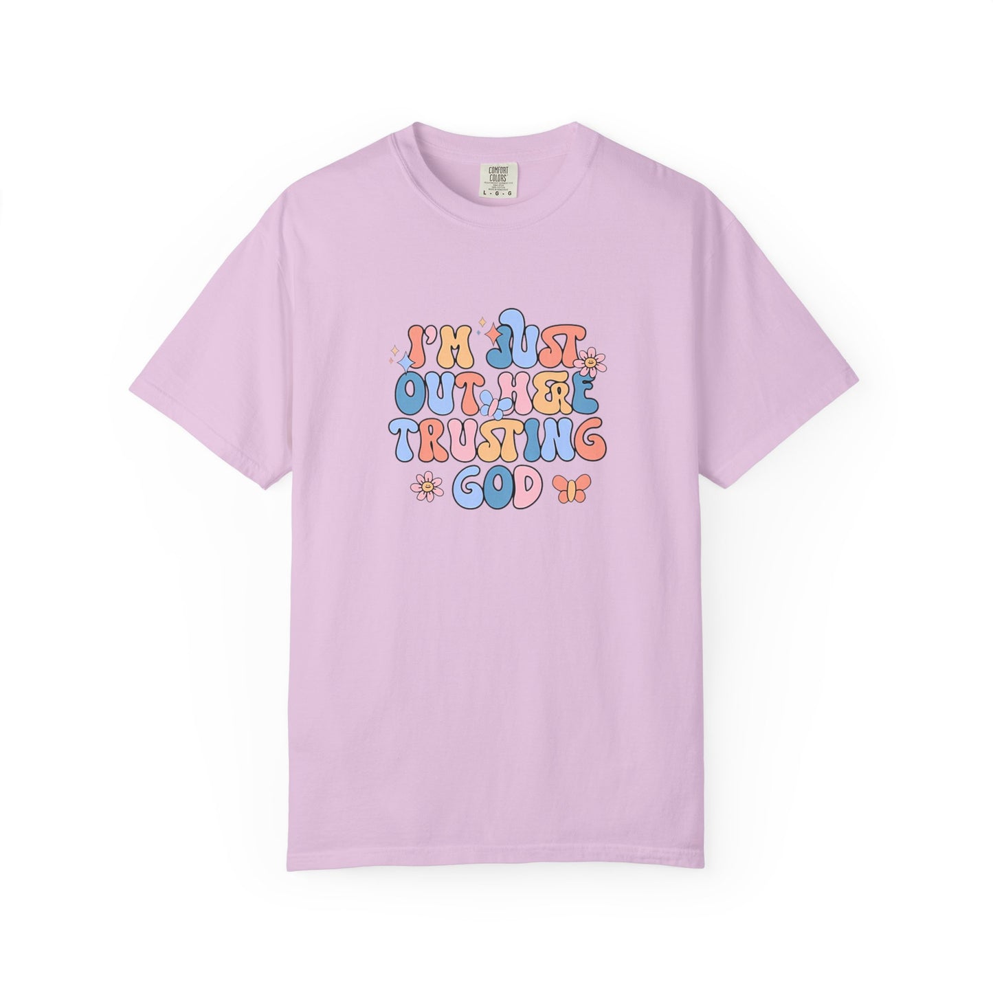 Trusting God Graphic T-Shirt | Retro Floral | I'm Just Out Here Trusting God | Christian Tee | Trusting God T-Shirt | Retro Christian Faith Graphic Tee