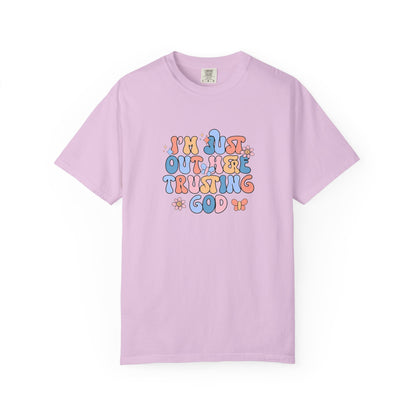 Trusting God Graphic T-Shirt | Retro Floral | I'm Just Out Here Trusting God | Christian Tee | Trusting God T-Shirt | Retro Christian Faith Graphic Tee
