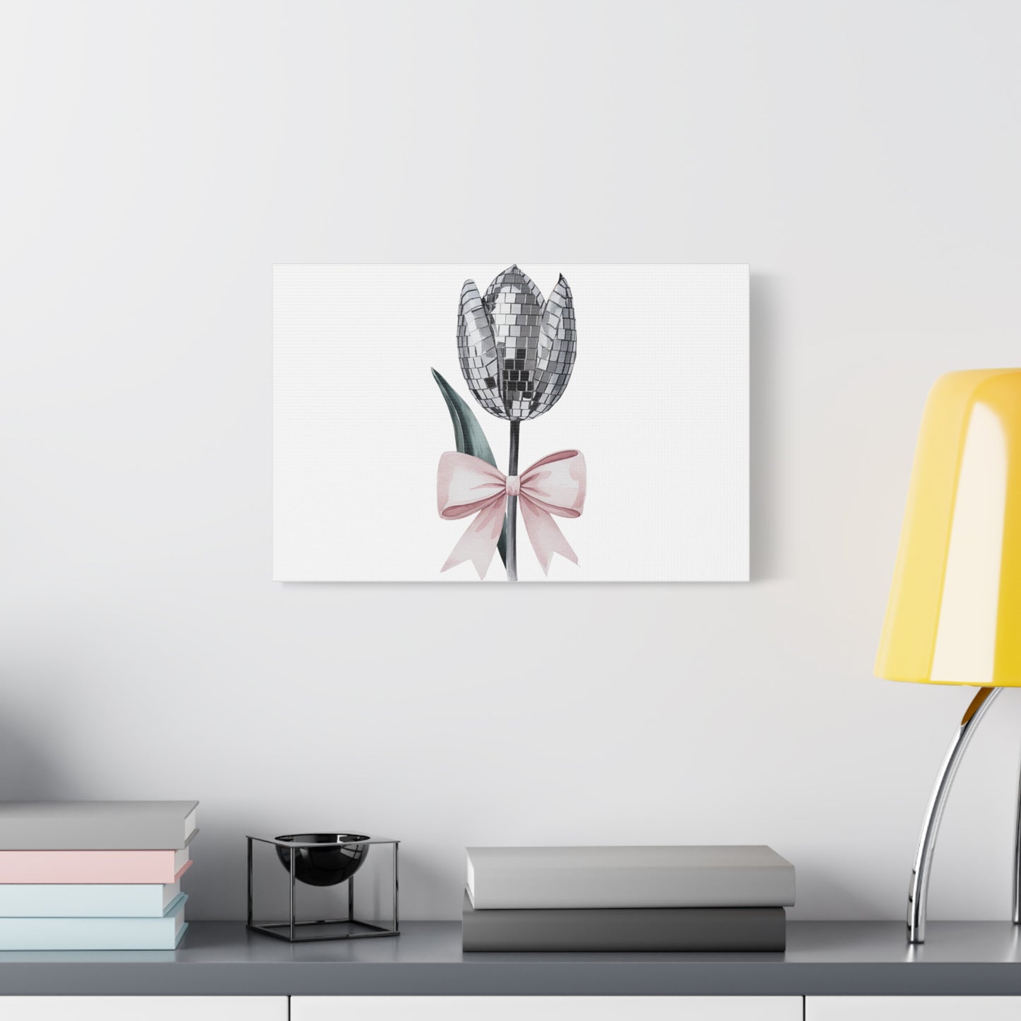 Silver Disco Tulip Wall Art Print with Pink Bow | Glam Floral Decor | Matte Canvas | Stretched |