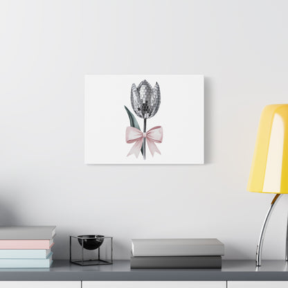 Silver Disco Tulip Wall Art Print with Pink Bow | Glam Floral Decor | Matte Canvas | Stretched |