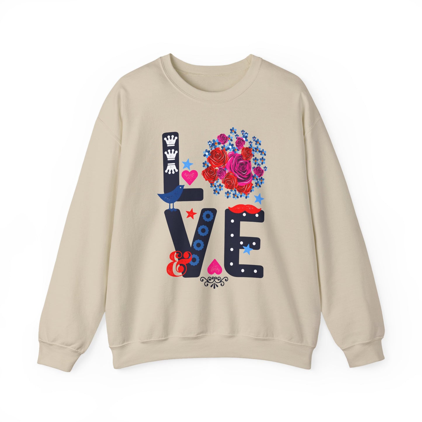 LOVE Graphic Sweatshirt |  Cute Floral Heart Print Women’s Casual Pullover Top | Unisex Heavy Blend | Crewneck Sweatshirt