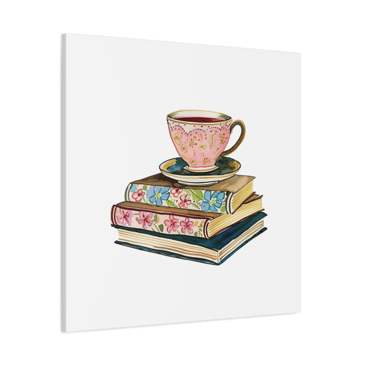 Wall Art | Pink Teacup on Floral Books Wall Art Print | Cozy Reading Nook Decor | Tea & Books Canvas Art | Cozy Floral Teacup Stacked on Vintage Books