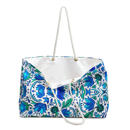 Floral Blue Weekender Bag | Boho Tulip Travel Tote |  Tote Bag for Women | Large Canvas Summer Shoulder Bag