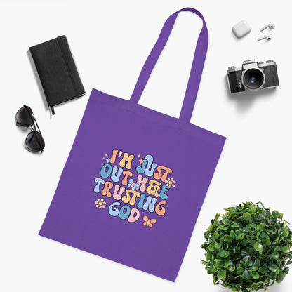 Trusting God Floral Tote | Retro Faith Cotton Tote Bag | Christian Faith Canvas Tote Bag for Men | Church & Everyday Use | I’m Just Out Here Trusting God Tote Bag