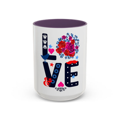 LOVE Floral Mug | Cute Aesthetic Coffee Cup with Heart | Rose Design | Gift for Her, Girlfriend, Wife | Stylish Ceramic Mug Accent Coffee Mug (11oz, 15oz)