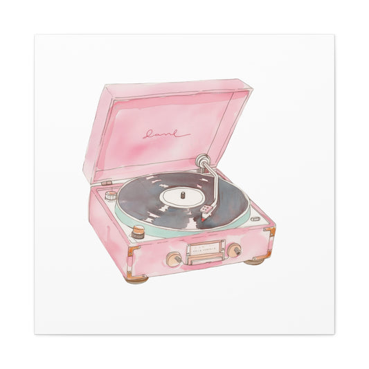 Wall Art | Pink Vintage Record Player Wall Art Print | Retro Turntable Music Decor | Matte Canvas | Stretched