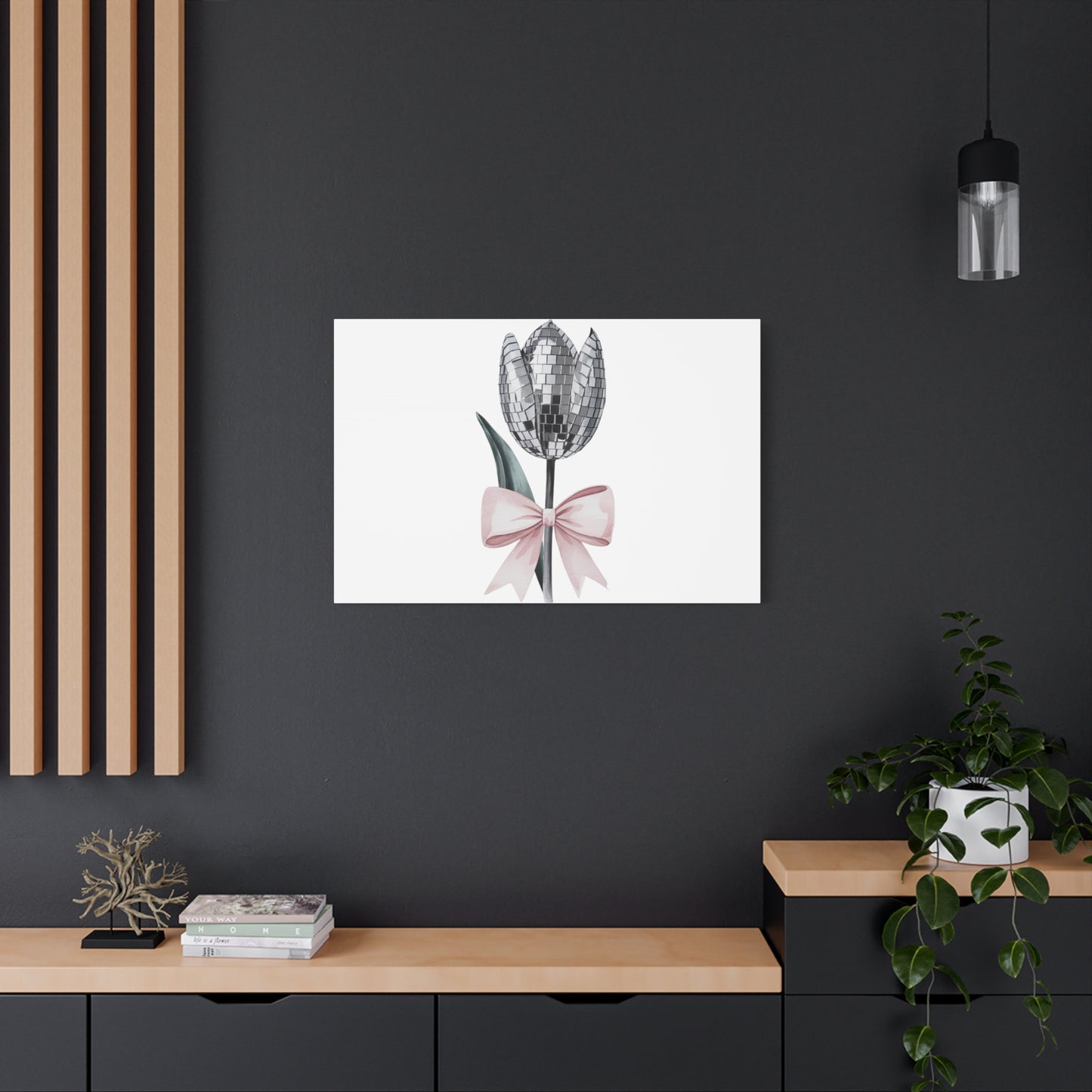 Silver Disco Tulip Wall Art Print with Pink Bow | Glam Floral Decor | Matte Canvas | Stretched |
