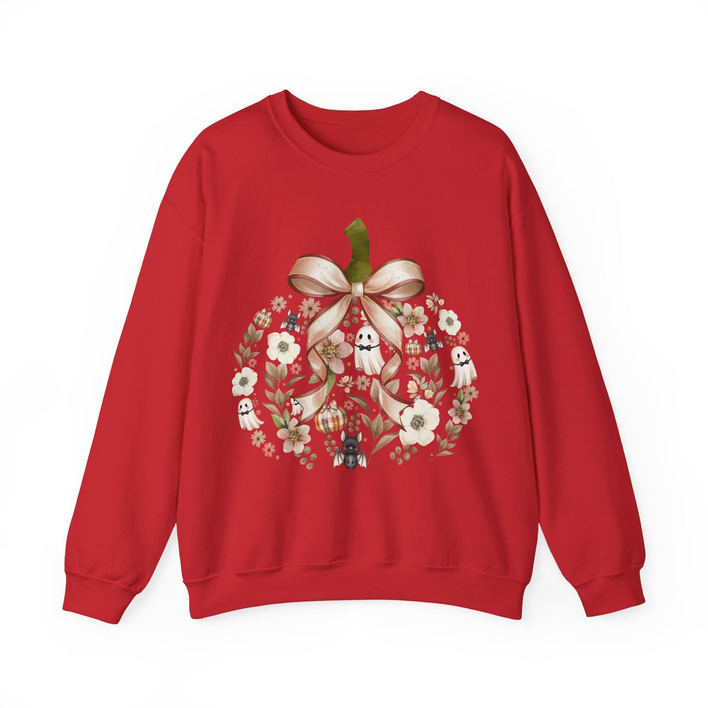 Cute Ghost Pumpkin Sweatshirt | Floral Halloween Crewneck | Spooky Pumpkin Bow Sweater | Fall Ghost Sweatshirt | Cozy Halloween Gift for Women | Crewneck Sweatshirt | Floral Pumpkin Wreath with Ribbon...