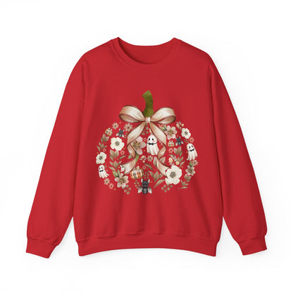 Cute Ghost Pumpkin Sweatshirt | Floral Halloween Crewneck | Spooky Pumpkin Bow Sweater | Fall Ghost Sweatshirt | Cozy Halloween Gift for Women | Crewneck Sweatshirt | Floral Pumpkin Wreath with Ribbon...