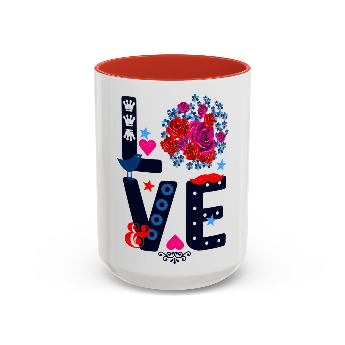 LOVE Floral Mug | Cute Aesthetic Coffee Cup with Heart | Rose Design | Gift for Her, Girlfriend, Wife | Stylish Ceramic Mug Accent Coffee Mug (11oz, 15oz)