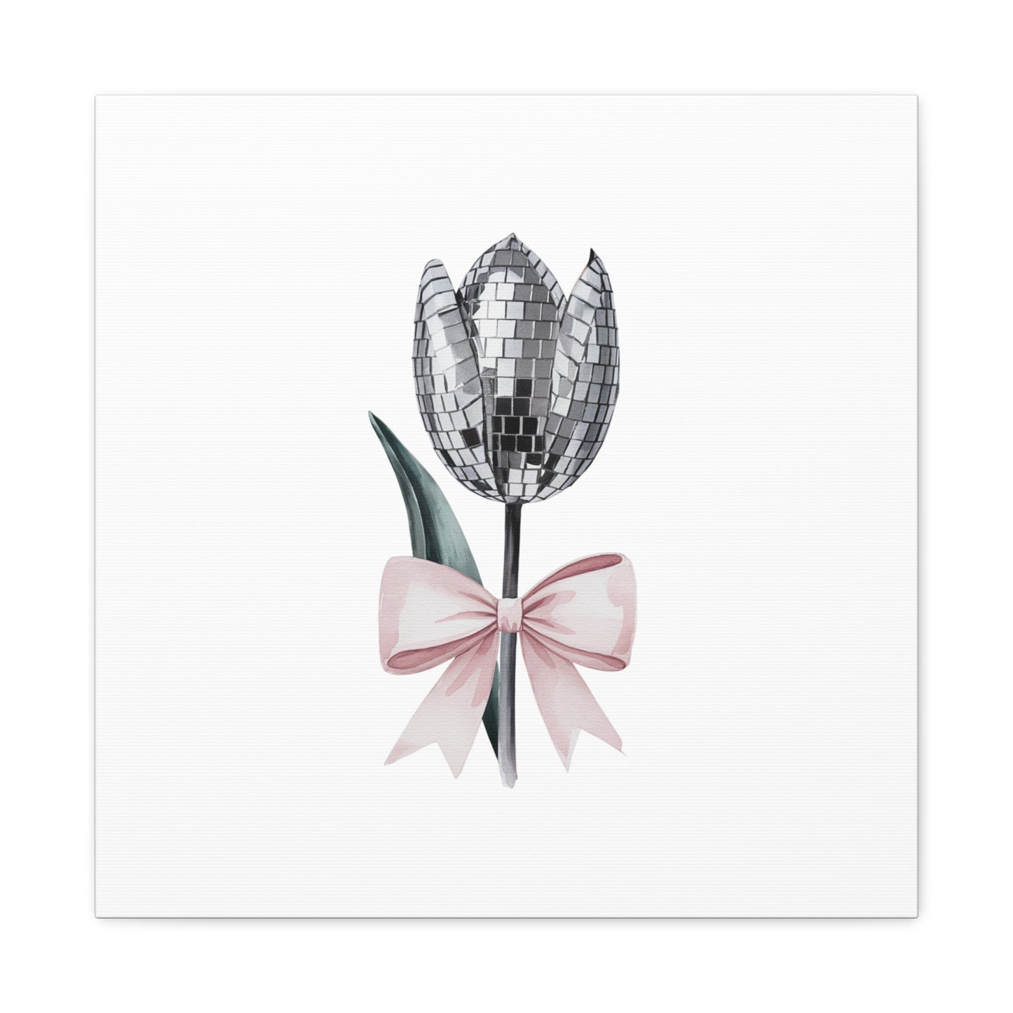 Silver Disco Tulip Wall Art Print with Pink Bow | Glam Floral Decor | Matte Canvas | Stretched |
