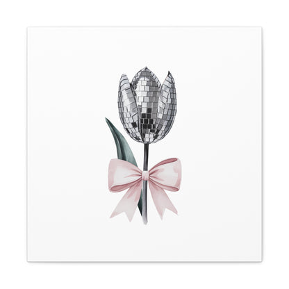 Silver Disco Tulip Wall Art Print with Pink Bow | Glam Floral Decor | Matte Canvas | Stretched |