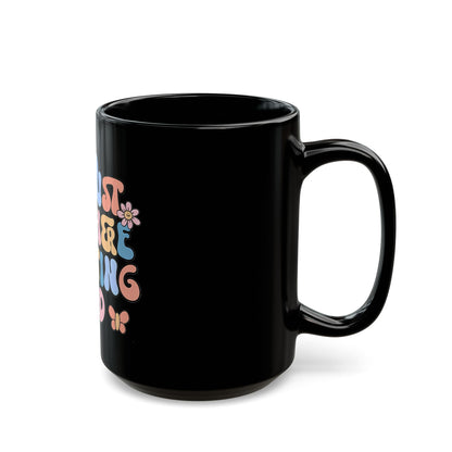 Retro Religious Gift Mug | Inspirational Black Mug | I'm Just Out Here Trusting God |  Floral Faith Coffee Cup