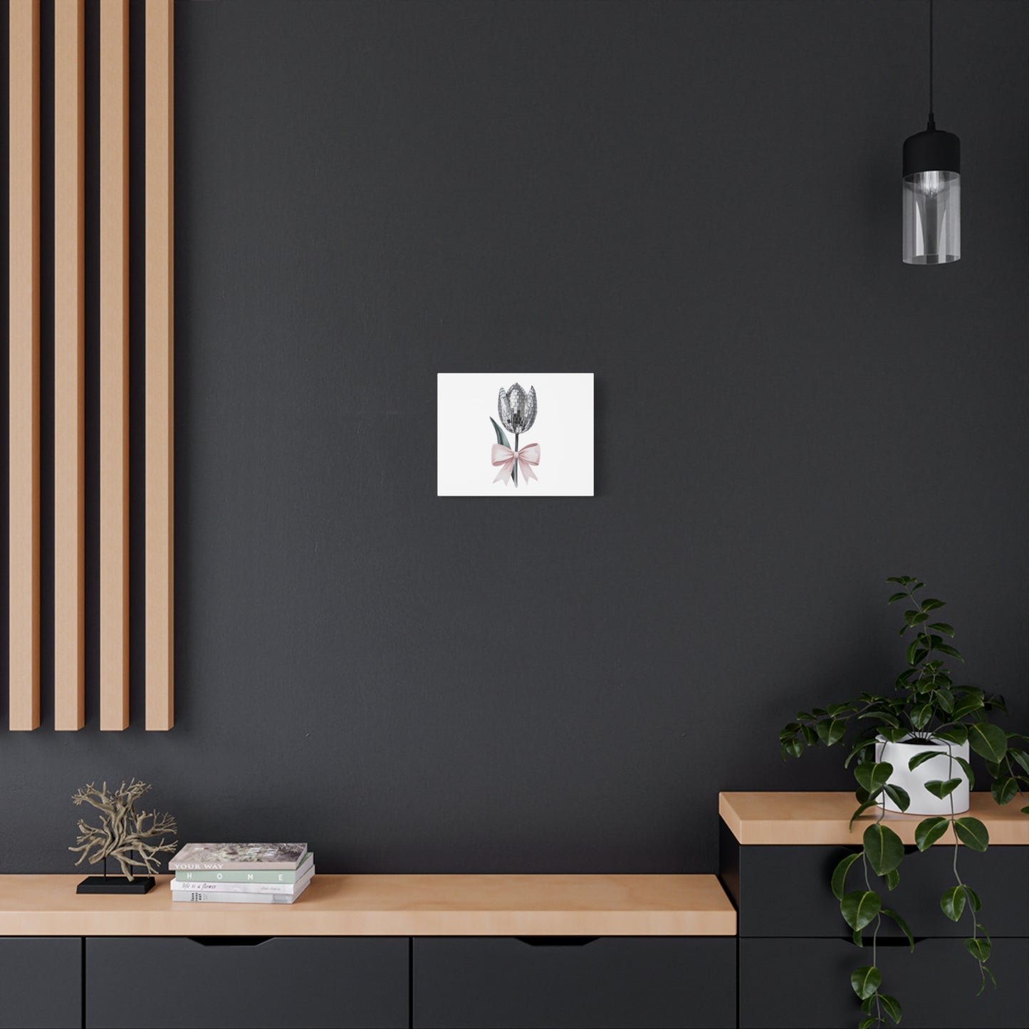 Silver Disco Tulip Wall Art Print with Pink Bow | Glam Floral Decor | Matte Canvas | Stretched |