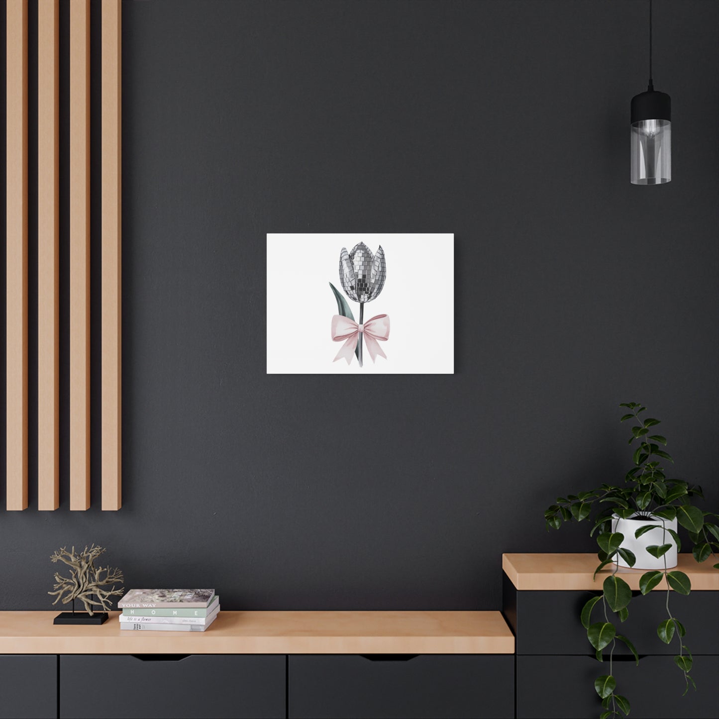 Silver Disco Tulip Wall Art Print with Pink Bow | Glam Floral Decor | Matte Canvas | Stretched |