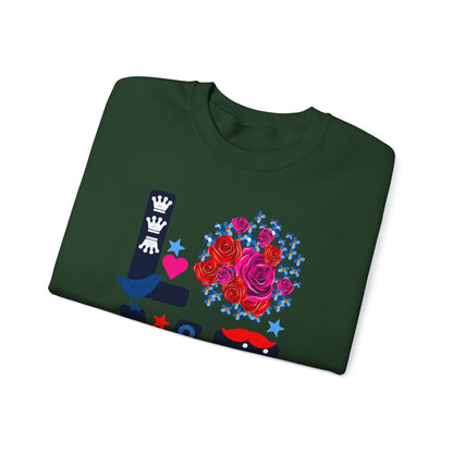LOVE Graphic Sweatshirt |  Cute Floral Heart Print Women’s Casual Pullover Top | Unisex Heavy Blend | Crewneck Sweatshirt
