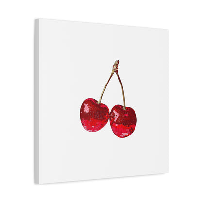 Red Glitter Disco Cherry Wall Art Print | Sparkly Pop Art Fruit Decor | Cherry Duo Matte Canvas Print | Minimal Fruit Wall Art