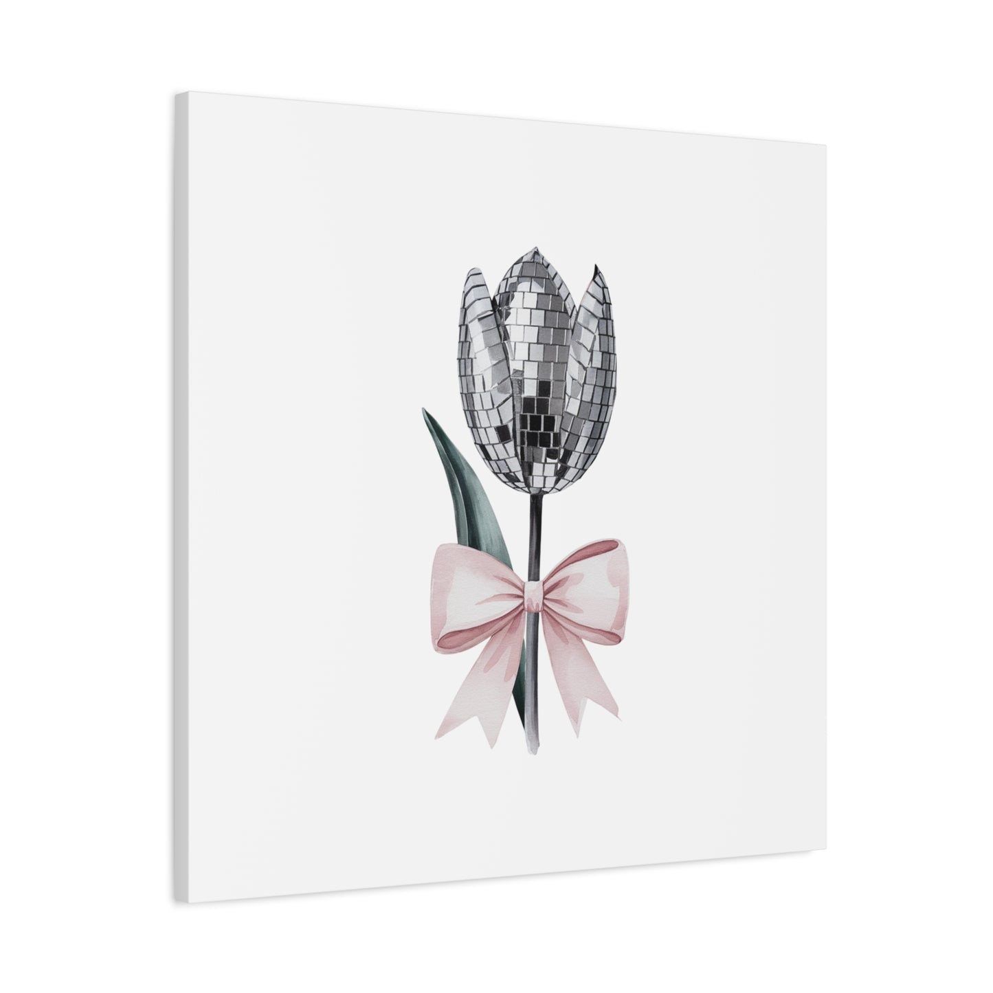 Silver Disco Tulip Wall Art Print with Pink Bow | Glam Floral Decor | Matte Canvas | Stretched |
