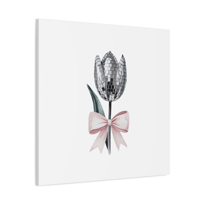 Silver Disco Tulip Wall Art Print with Pink Bow | Glam Floral Decor | Matte Canvas | Stretched |