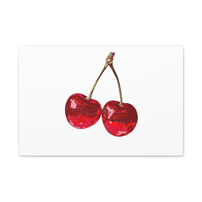 Red Glitter Disco Cherry Wall Art Print | Sparkly Pop Art Fruit Decor | Cherry Duo Matte Canvas Print | Minimal Fruit Wall Art