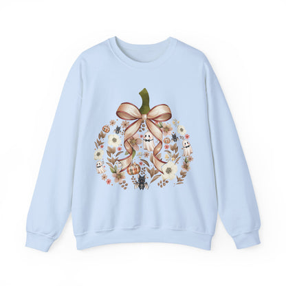 Cute Ghost Pumpkin Sweatshirt | Floral Halloween Crewneck | Spooky Pumpkin Bow Sweater | Fall Ghost Sweatshirt | Cozy Halloween Gift for Women | Crewneck Sweatshirt | Floral Pumpkin Wreath with Ribbon...