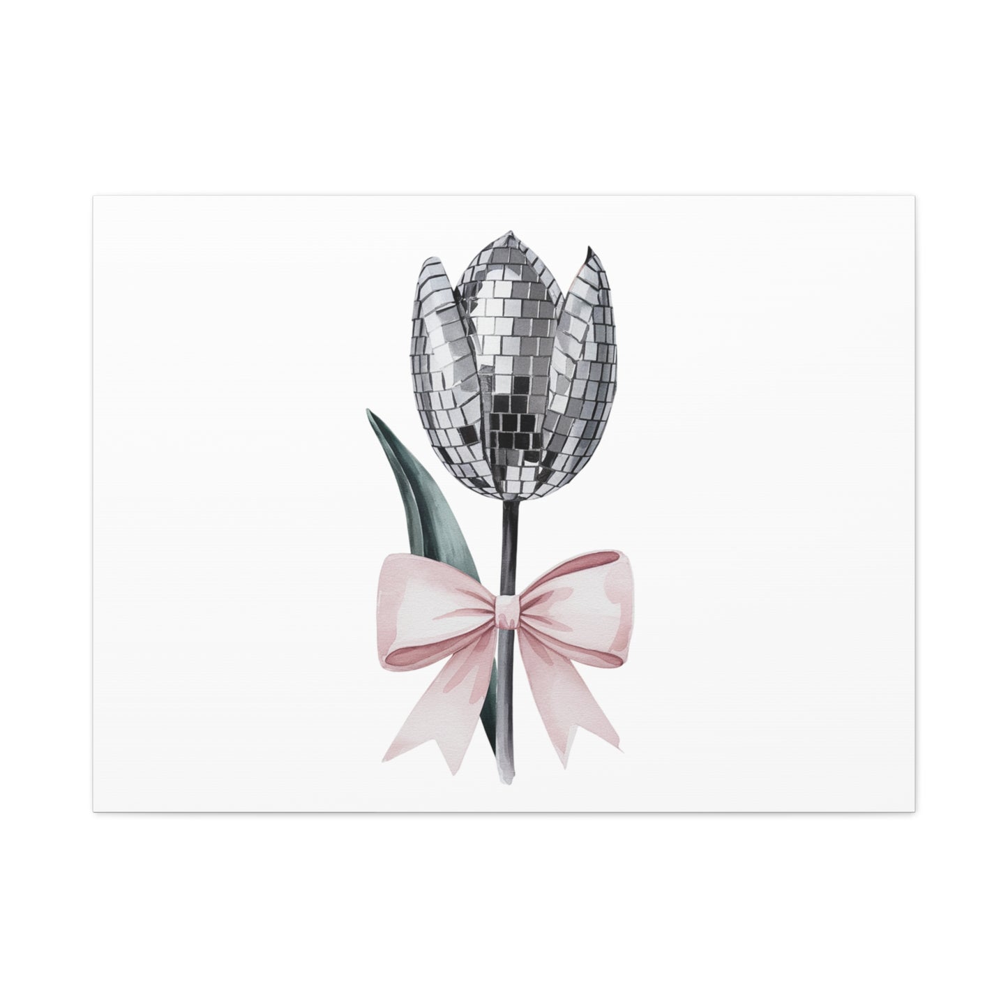 Silver Disco Tulip Wall Art Print with Pink Bow | Glam Floral Decor | Matte Canvas | Stretched |