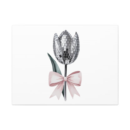 Silver Disco Tulip Wall Art Print with Pink Bow | Glam Floral Decor | Matte Canvas | Stretched |