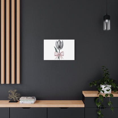 Silver Disco Tulip Wall Art Print with Pink Bow | Glam Floral Decor | Matte Canvas | Stretched |