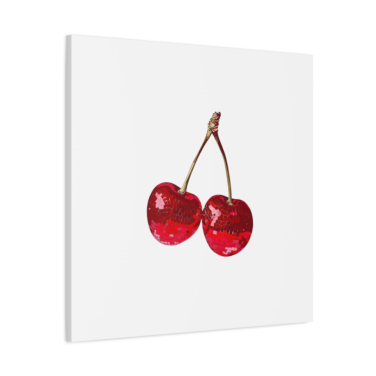 Red Glitter Disco Cherry Wall Art Print | Sparkly Pop Art Fruit Decor | Cherry Duo Matte Canvas Print | Minimal Fruit Wall Art