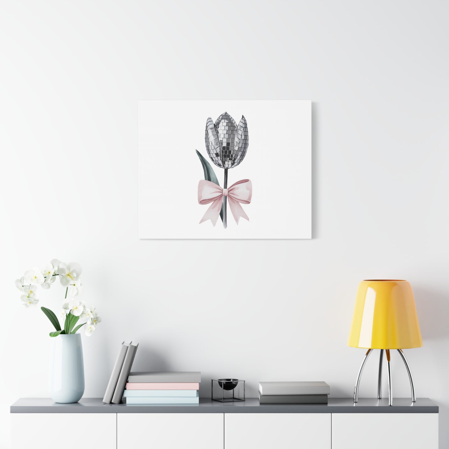Silver Disco Tulip Wall Art Print with Pink Bow | Glam Floral Decor | Matte Canvas | Stretched |