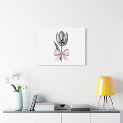 Silver Disco Tulip Wall Art Print with Pink Bow | Glam Floral Decor | Matte Canvas | Stretched |