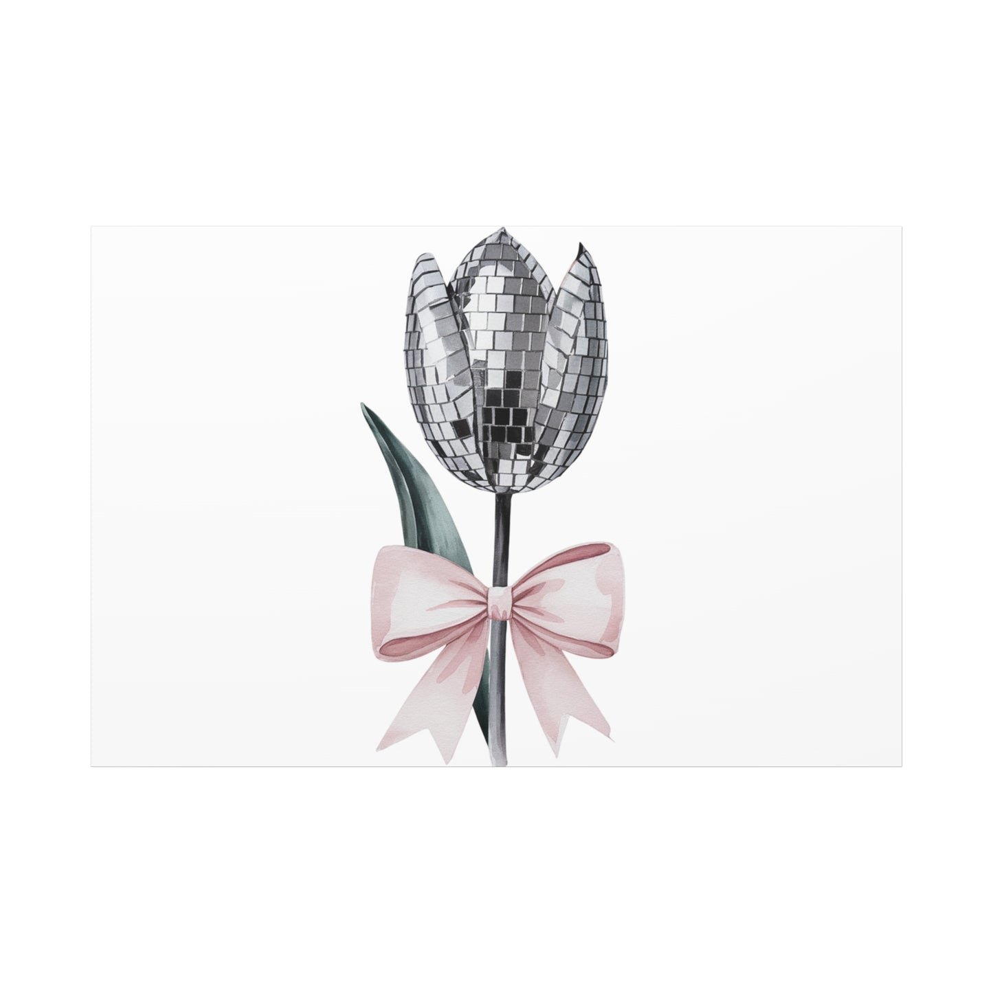 Silver Disco Tulip Wall Art Print with Pink Bow | Glam Floral Decor | Matte Canvas | Stretched |