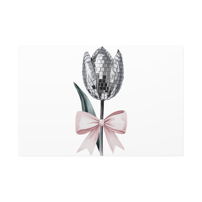 Silver Disco Tulip Wall Art Print with Pink Bow | Glam Floral Decor | Matte Canvas | Stretched |