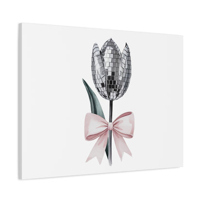 Silver Disco Tulip Wall Art Print with Pink Bow | Glam Floral Decor | Matte Canvas | Stretched |