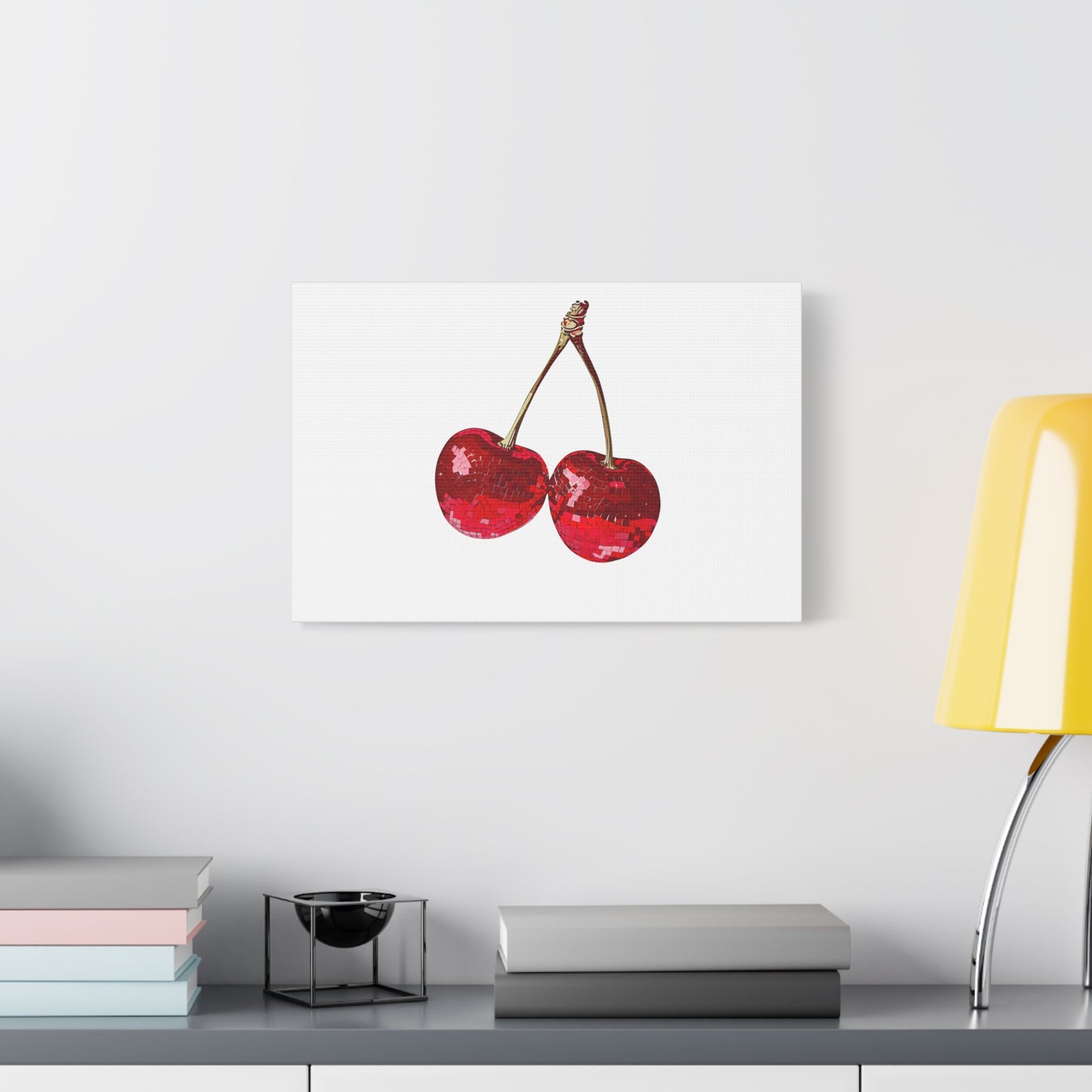 Red Glitter Disco Cherry Wall Art Print | Sparkly Pop Art Fruit Decor | Cherry Duo Matte Canvas Print | Minimal Fruit Wall Art