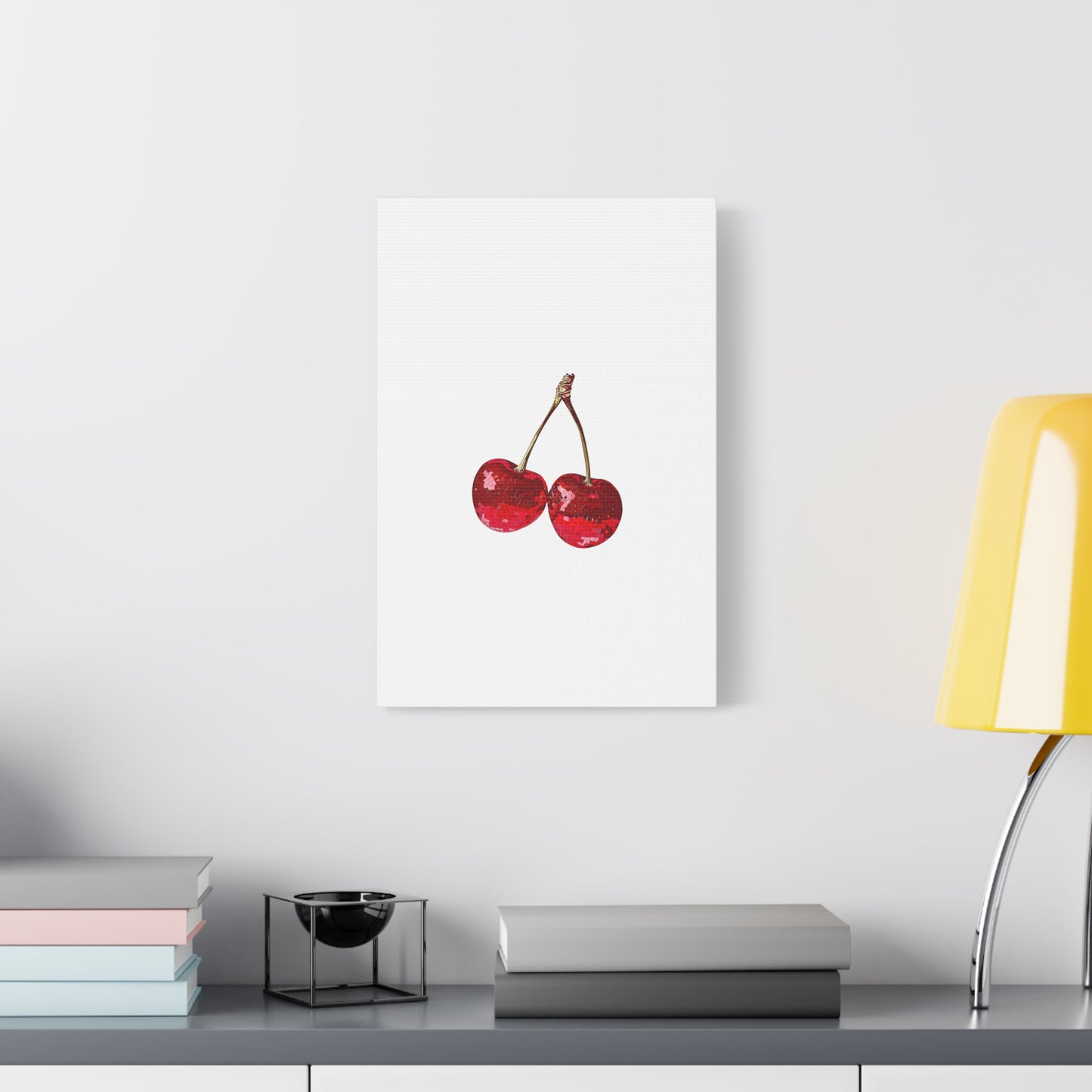 Red Glitter Disco Cherry Wall Art Print | Sparkly Pop Art Fruit Decor | Cherry Duo Matte Canvas Print | Minimal Fruit Wall Art