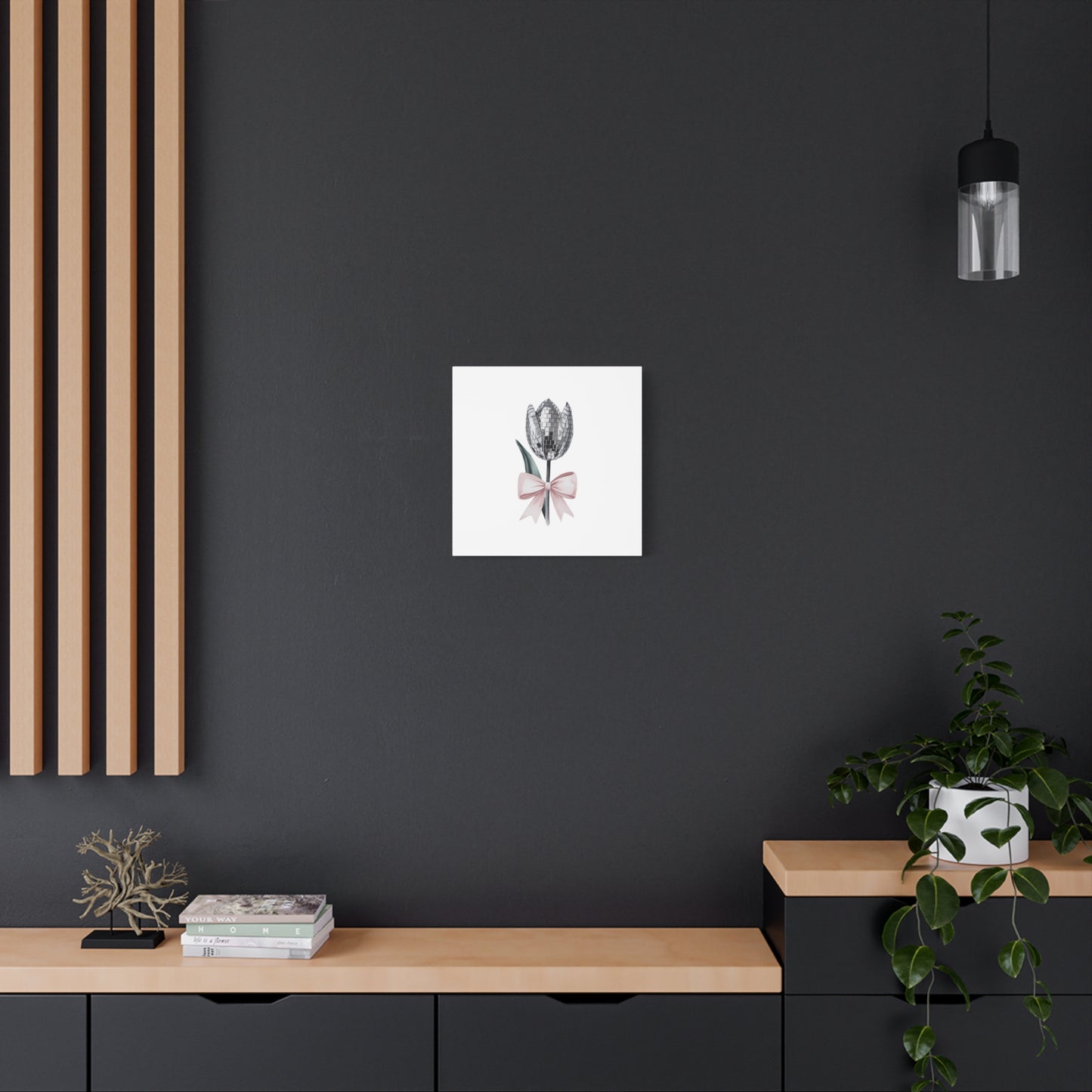 Silver Disco Tulip Wall Art Print with Pink Bow | Glam Floral Decor | Matte Canvas | Stretched |